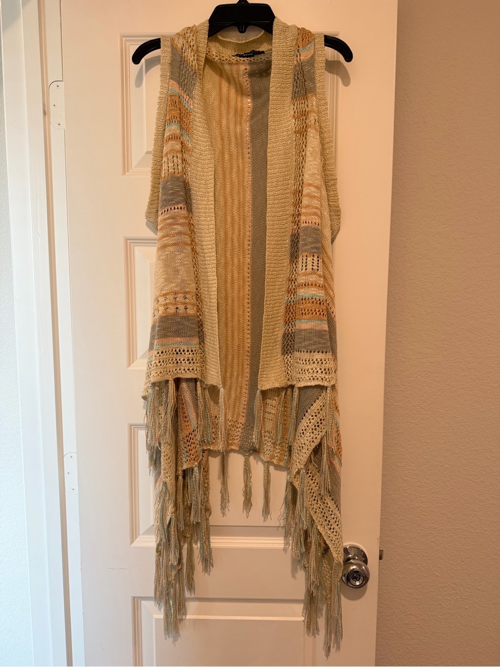 Haute Monde Women’s Large Boho Crochet Knit Fringe Waterfall Vest Cardigan